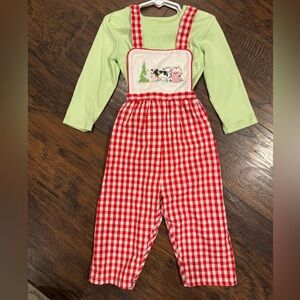Red Checkered Kids Overalls with Farm Animals!